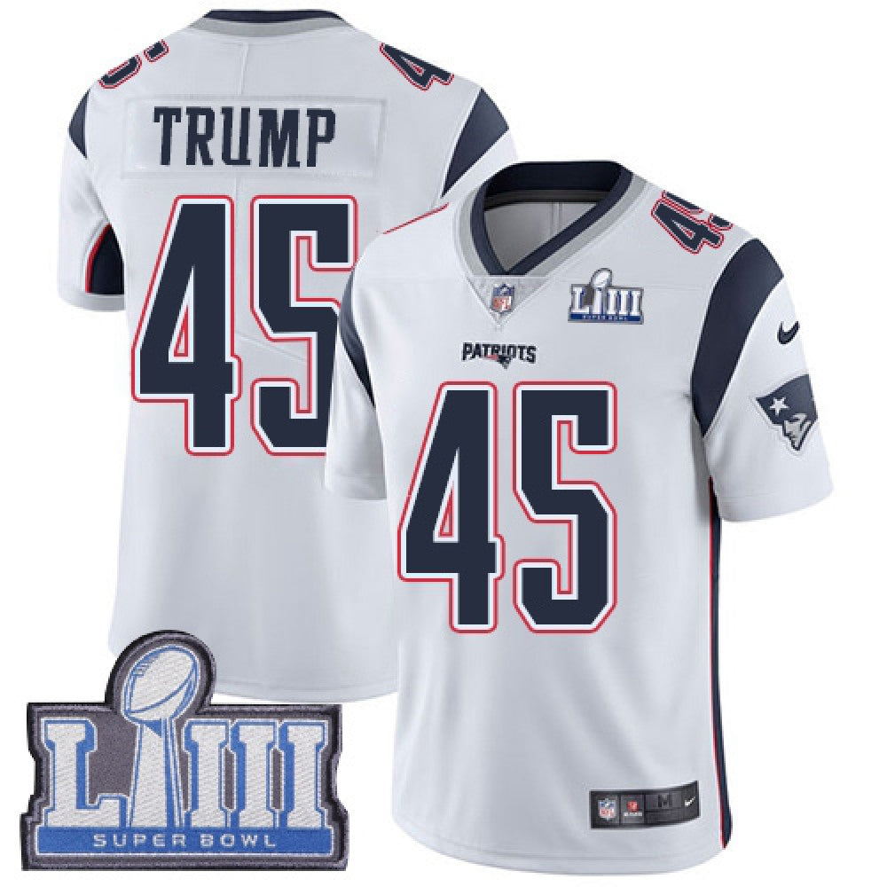 Men's New England Patriots #45 Donald Trump White Super Bowl LIII Vapor Untouchable Limited Stitched NFL Jersey 