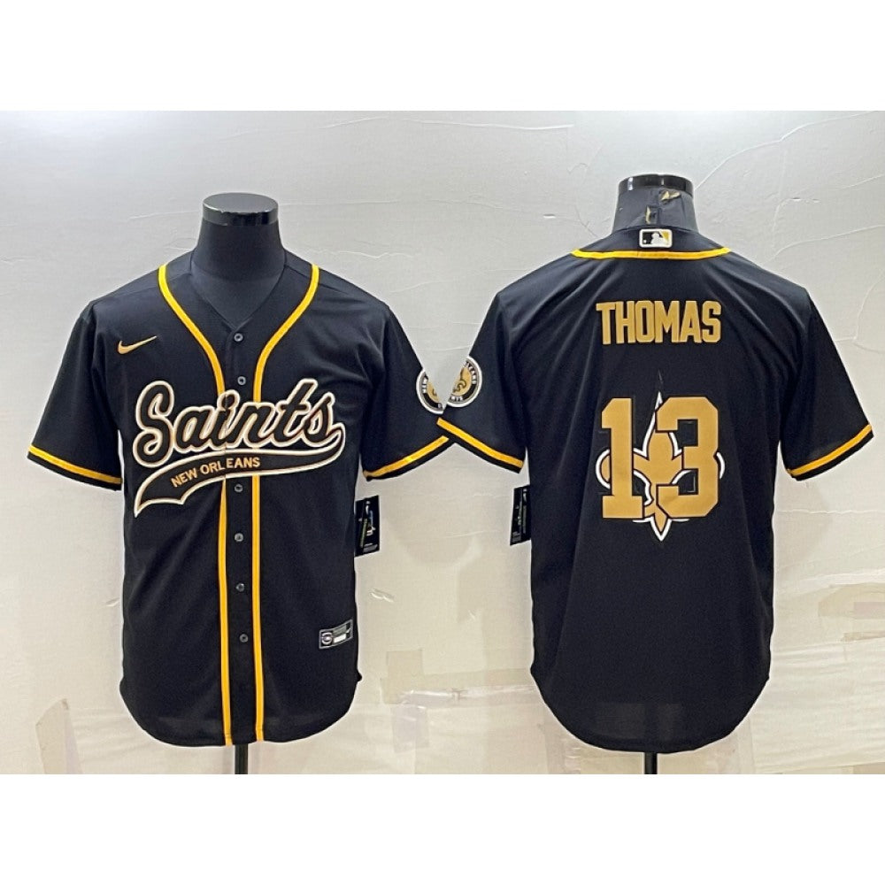 Men's New Orleans Saints #13 Michael Thomas Black Team Big Logo With Patch Cool Base Stitched Baseball Jersey 