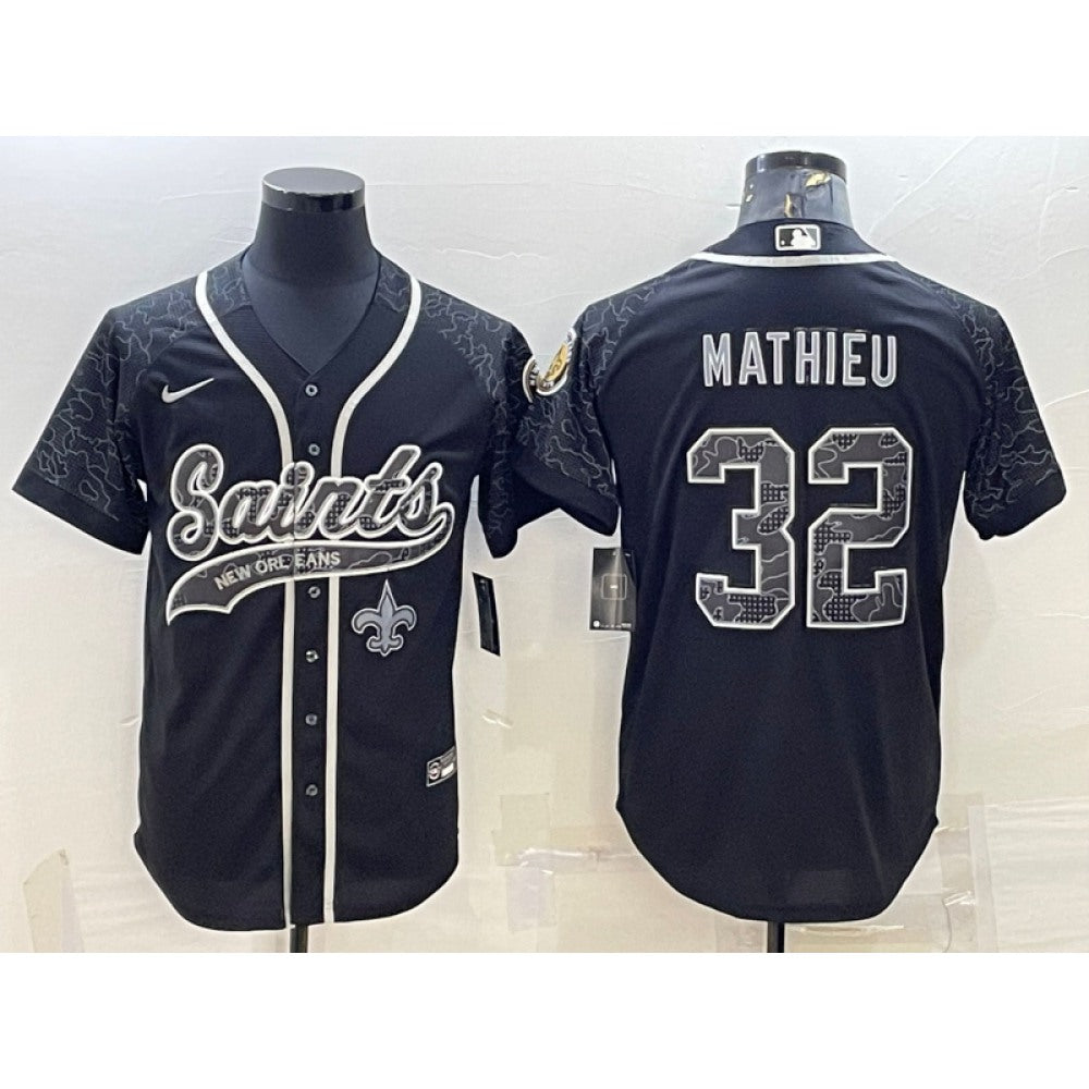 Men's New Orleans Saints #32 Tyrann Mathieu Black Reflective With Patch Cool Base Stitched Baseball Jersey 