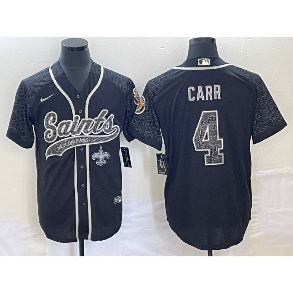 Men's New Orleans Saints #4 Derek Carr Black Reflective With Patch Cool Base Stitched Baseball Jersey 