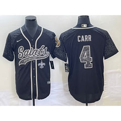 Men's New Orleans Saints #4 Derek Carr Black Reflective With Patch Cool Base Stitched Baseball Jersey 