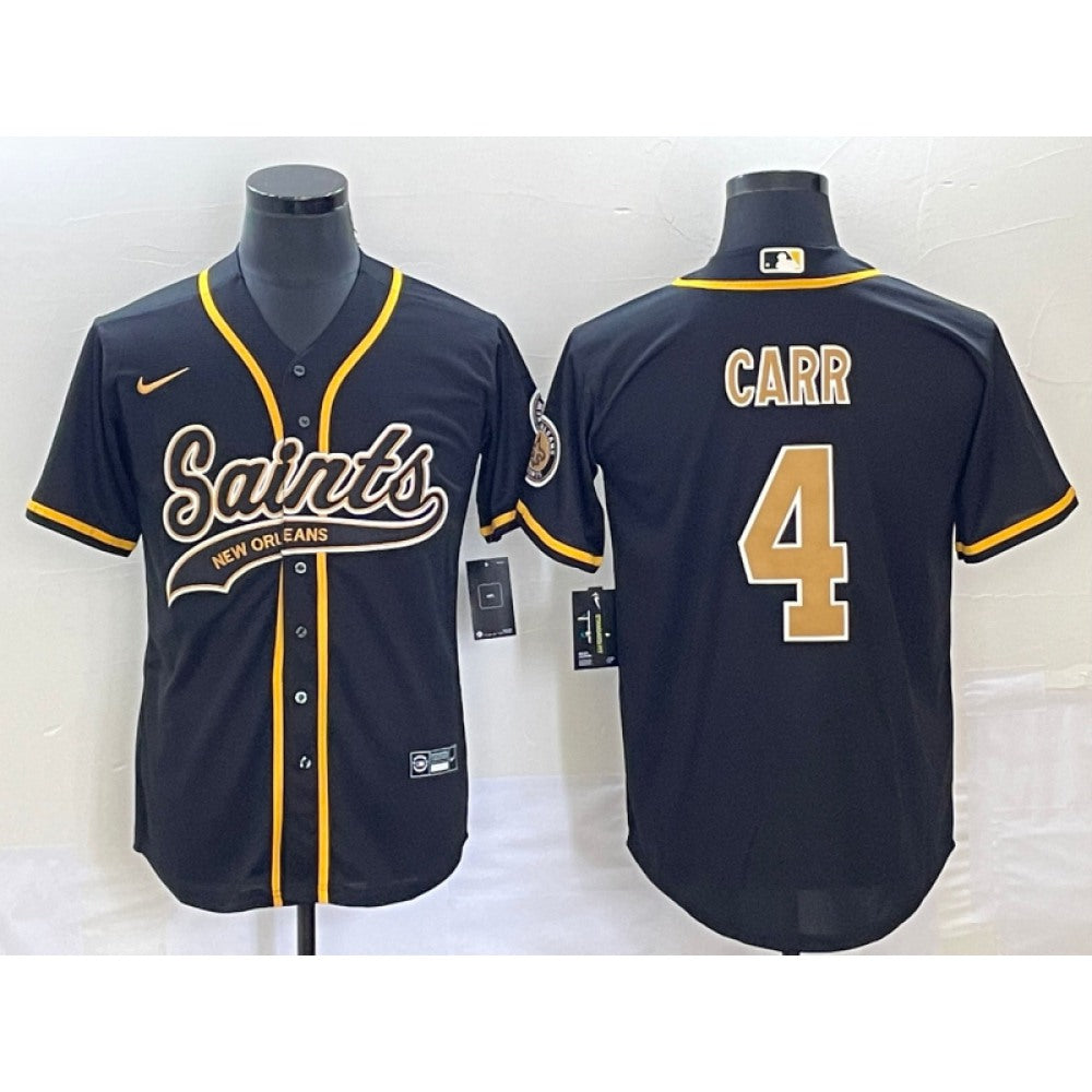 Men's New Orleans Saints #4 Derek Carr Black With Patch Cool Base Stitched Baseball Jersey 