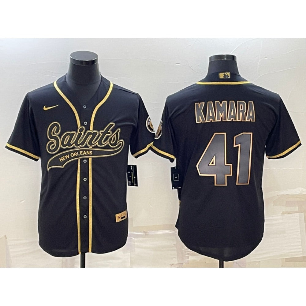 Men's New Orleans Saints #41 Alvin Kamara Black Gold With Patch Cool Base Stitched Baseball Jersey 