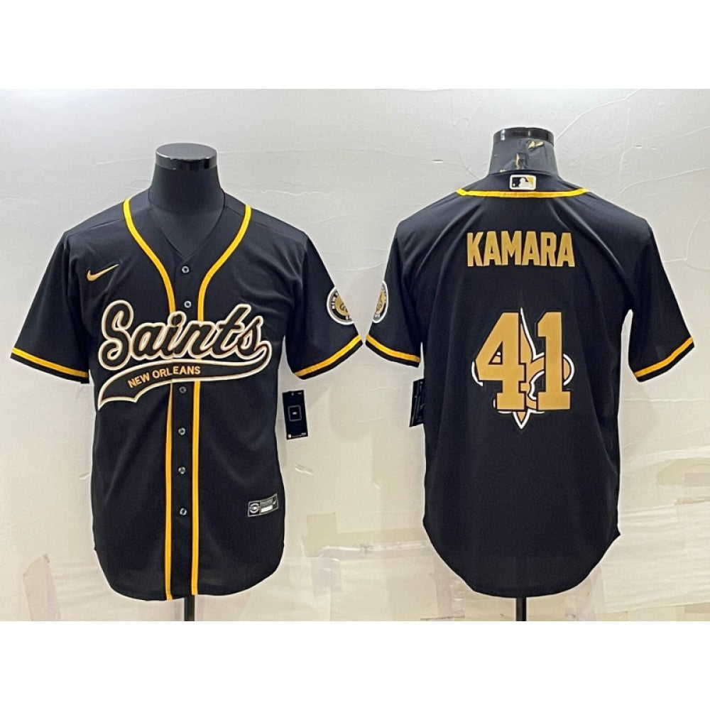 Men's New Orleans Saints #41 Alvin Kamara Black Team Big Logo With Patch Cool Base Stitched Baseball Jersey 