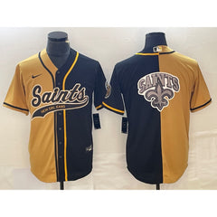 Men's New Orleans Saints Black Gold Split Team Big Logo Cool Base Stitched Baseball Jersey 