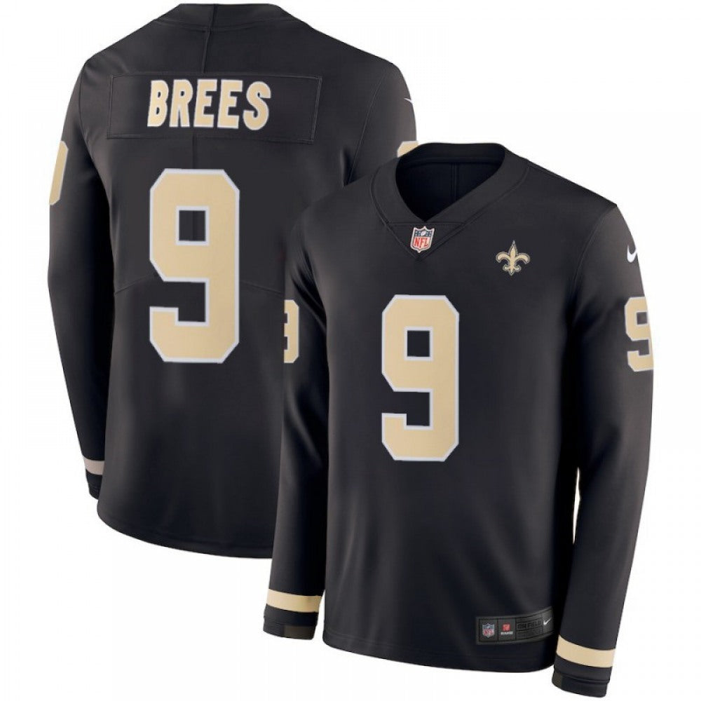 Men's New Orleans Saints #9 Drew Brees Black Therma Long Sleeve Stitched NFL Jersey 