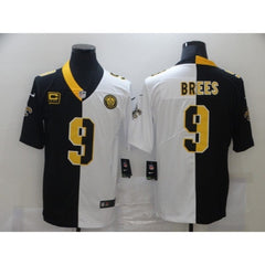 Men's New Orleans Saints #9 Drew Brees Black White Split With C Patch Stitched Jersey 