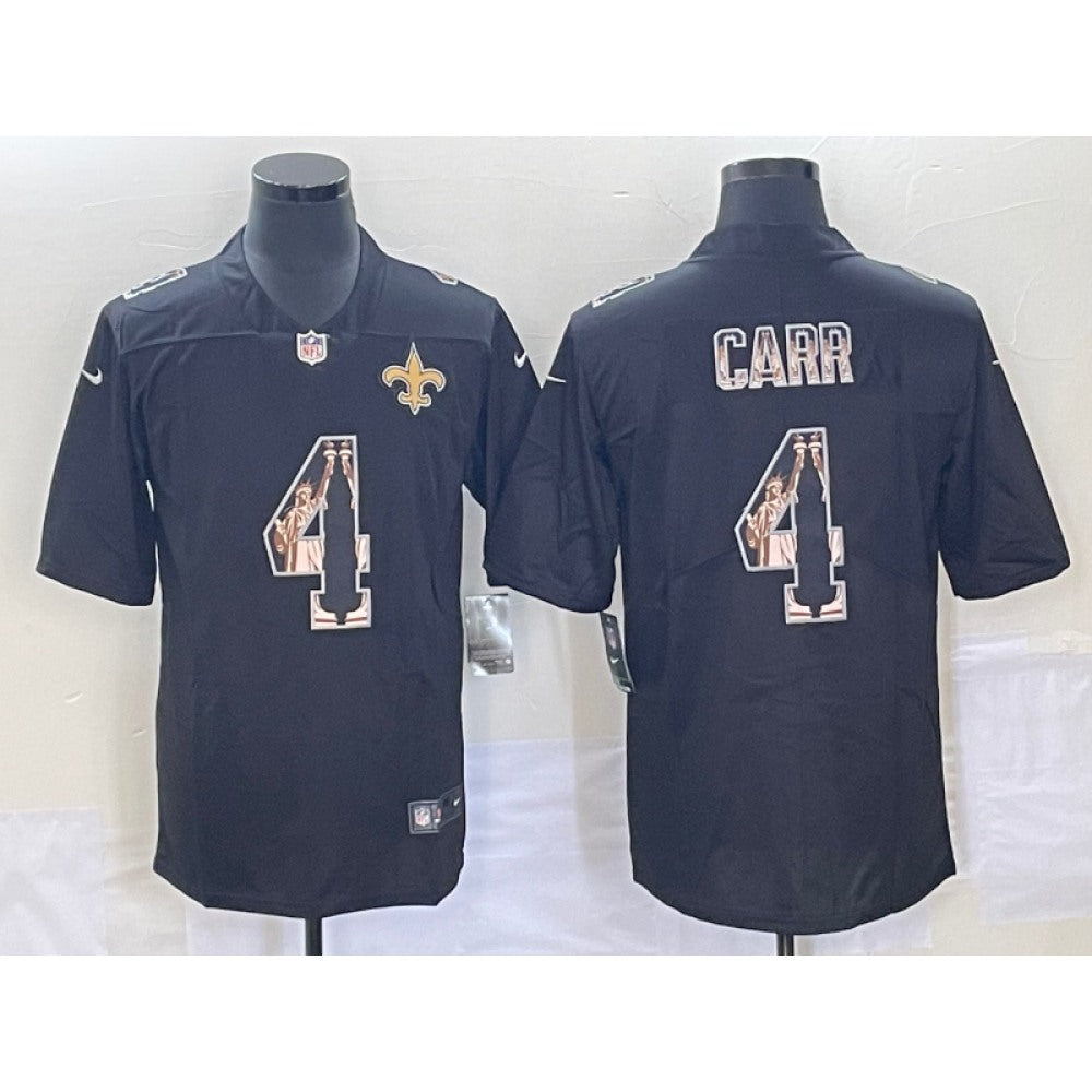 Men's New Orleans Saints #4 Derek Carr Black Statue of Liberty Limited Stitched Jersey 