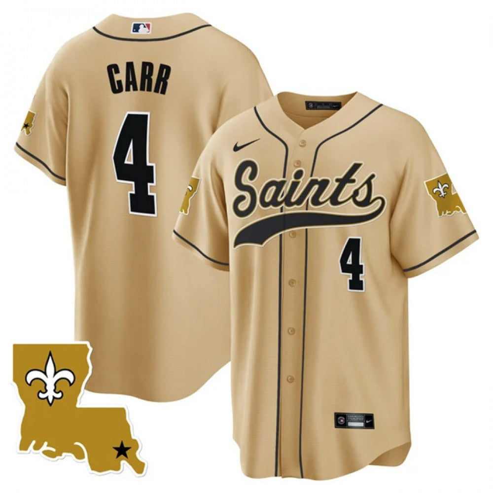 Men's New Orleans Saints #4 Derek Carr Gold 1987 Legacy Cool Base Stitched Baseball Jersey 