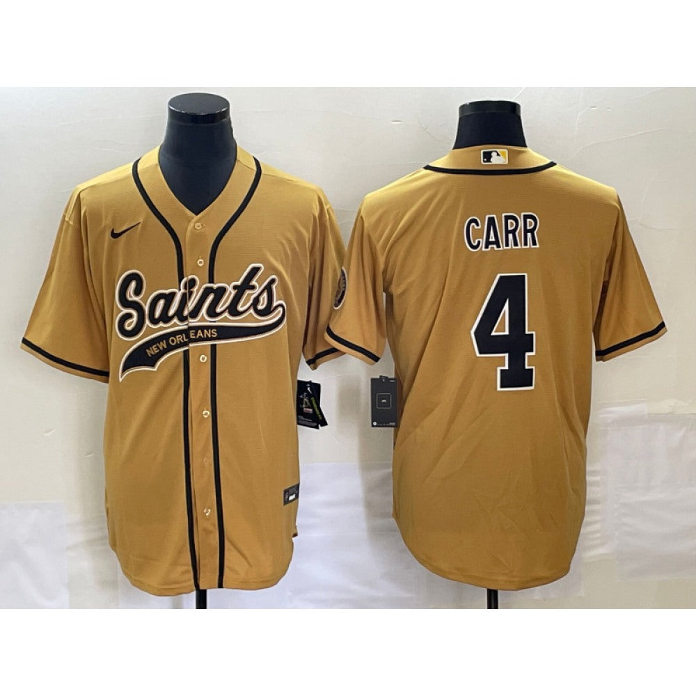 Men's New Orleans Saints #4 Derek Carr Gold With Patch Cool Base Stitched Baseball Jersey 