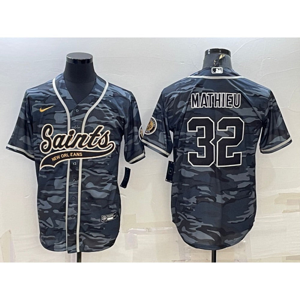 Men's New Orleans Saints #32 Tyrann Mathieu Grey Camo With Patch Cool Base Stitched Baseball Jersey 
