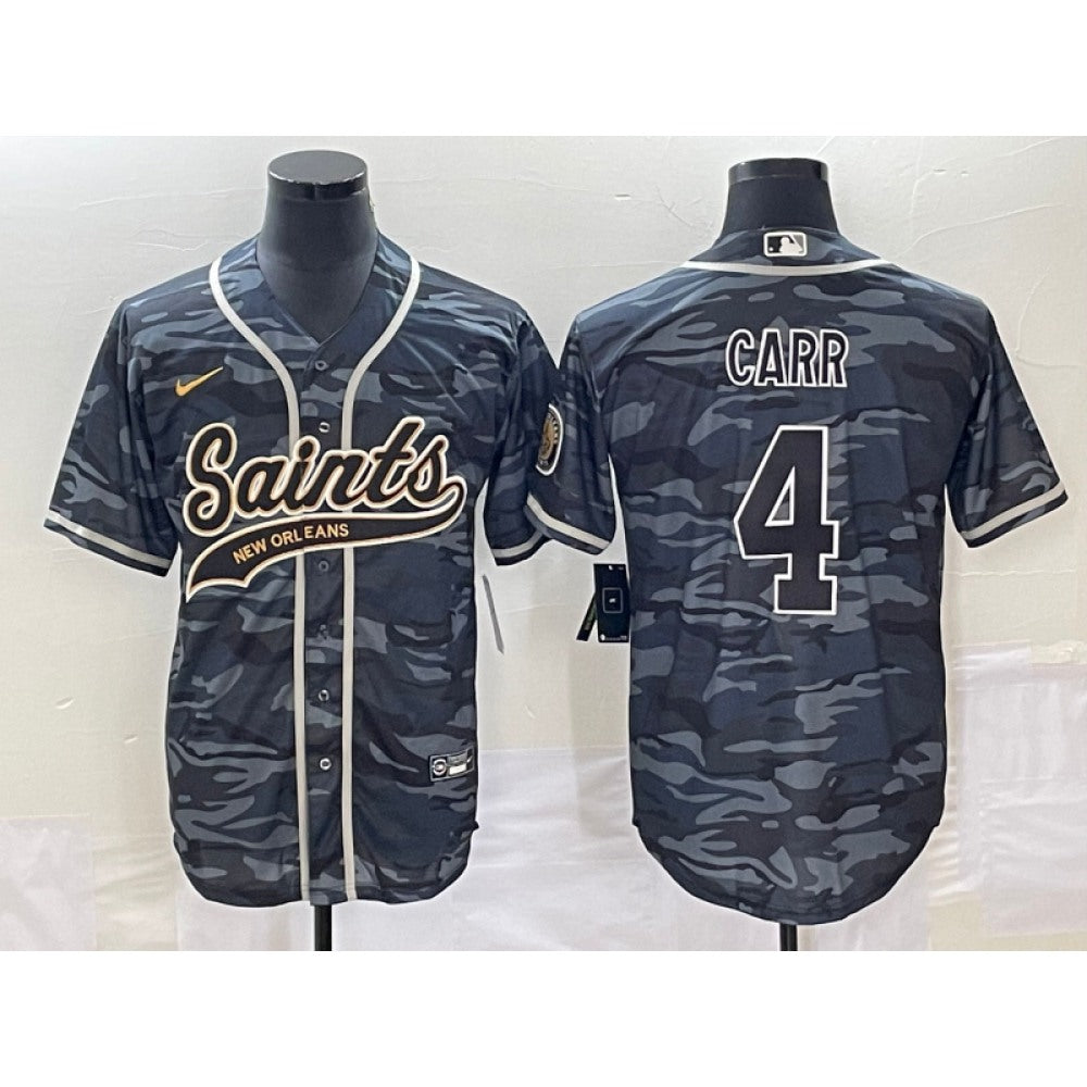 Men's New Orleans Saints #4 Derek Carr Grey Camo With Patch Cool Base Stitched Baseball Jersey 