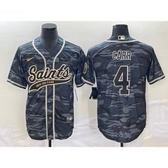 Men's New Orleans Saints #4 Derek Carr Grey Camo With Patch Cool Base Stitched Baseball Jersey 