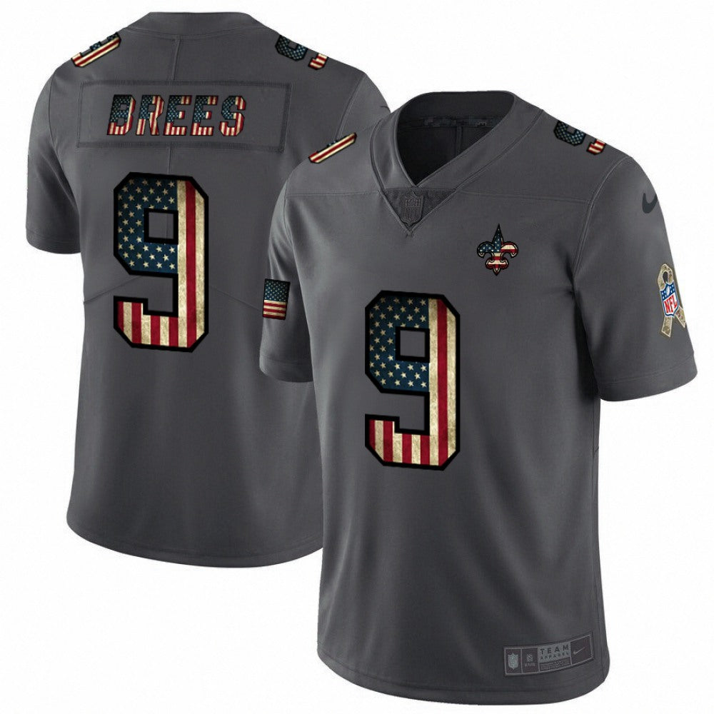Men's New Orleans Saints #9 Drew Brees Grey 2019 Salute To Service USA Flag Fashion Limited Stitched NFL Jersey 