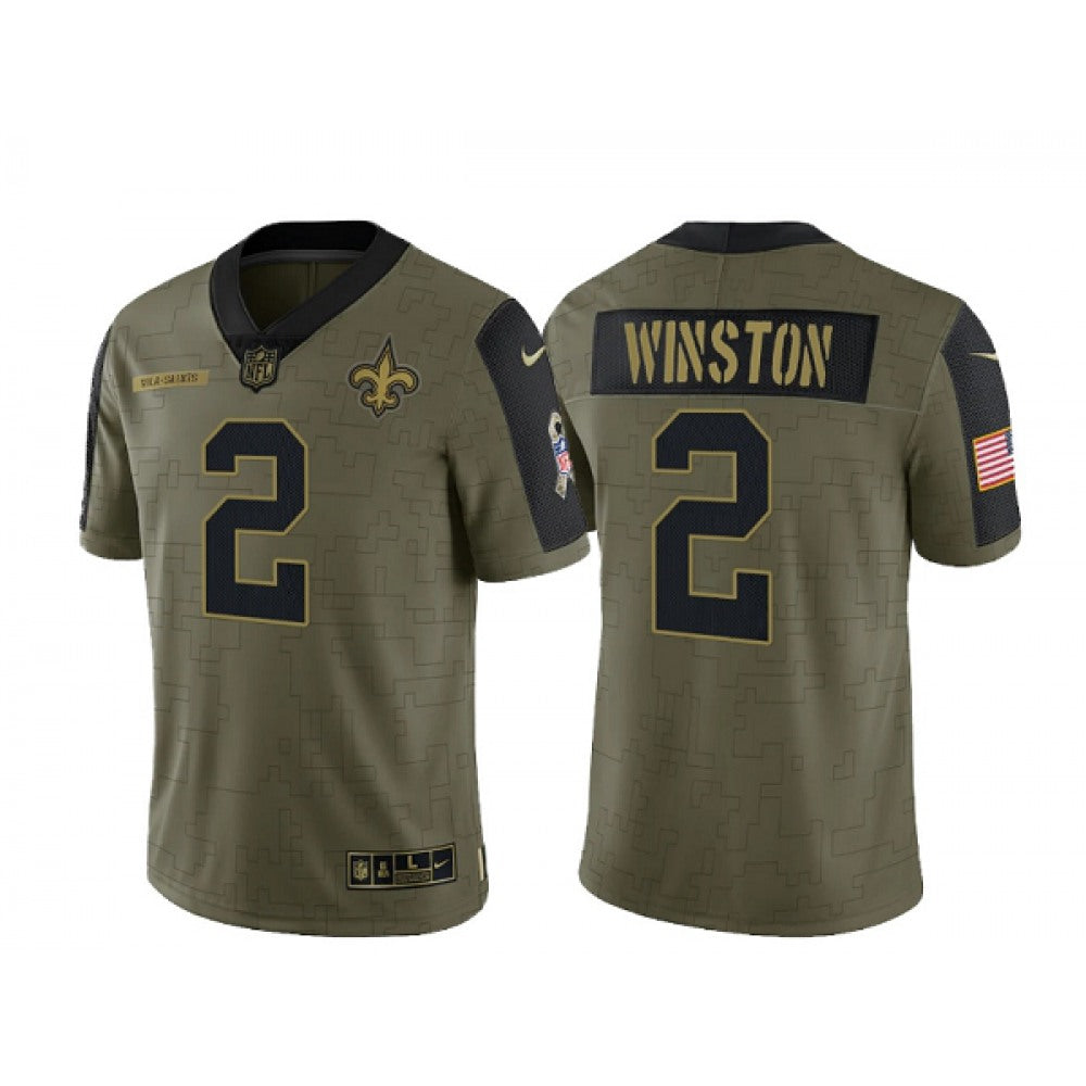 Men's New Orleans Saints #2 Jameis Winston 2021 Olive Salute To Service Limited Stitched Jersey 
