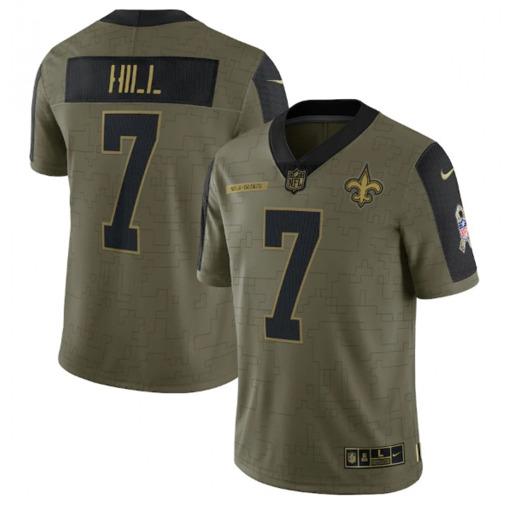 Men's New Orleans Saints #7 Taysom Hill 2021 Olive Salute To Service Limited Stitched Jersey 