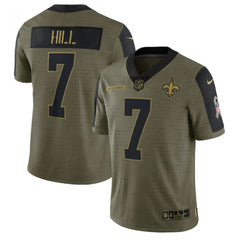 Men's New Orleans Saints #7 Taysom Hill 2021 Olive Salute To Service Limited Stitched Jersey 