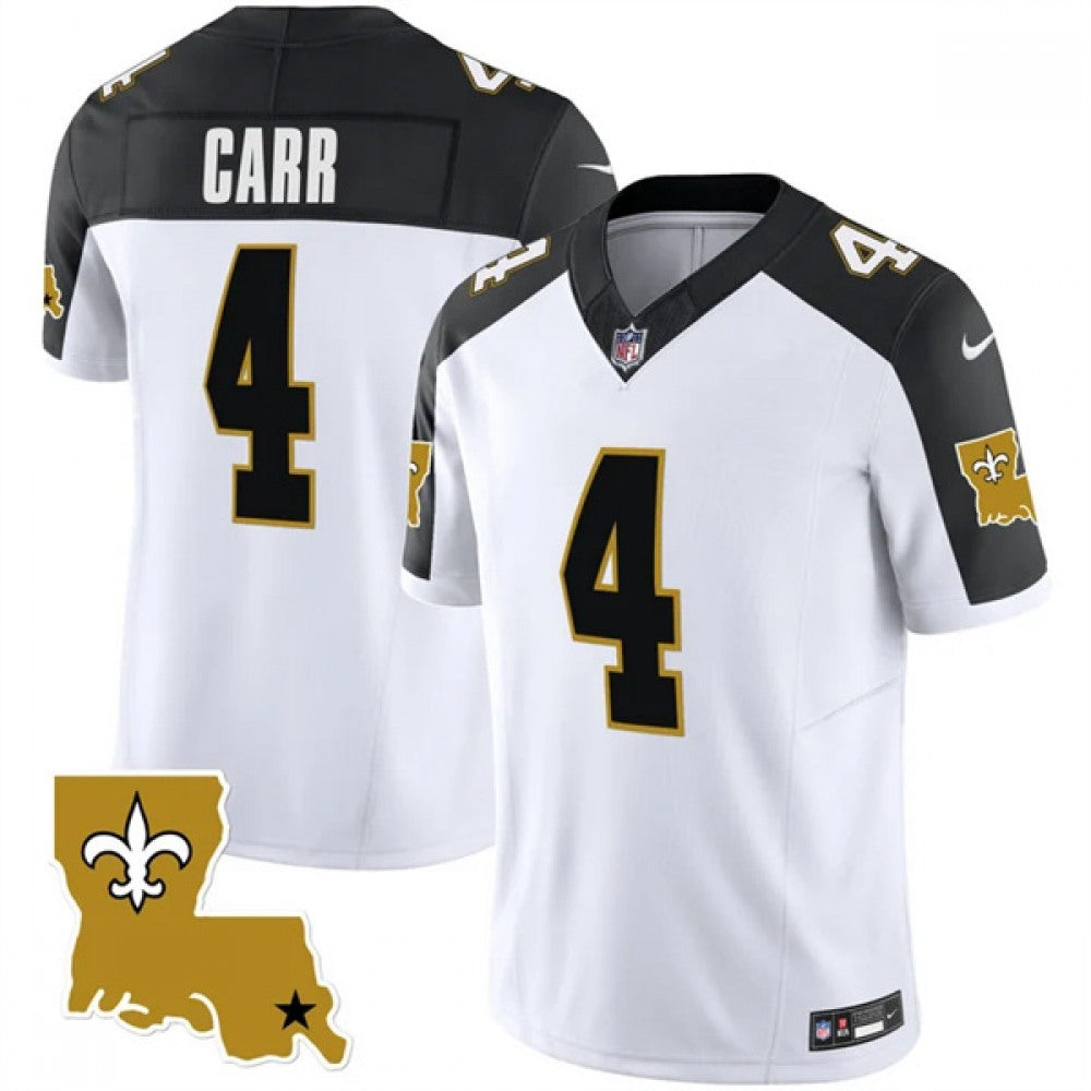 Men's New Orleans Saints #4 Derek Carr White Black 2023 F.U.S.E. 1987 Legacy Vapor Stitched Jersey 