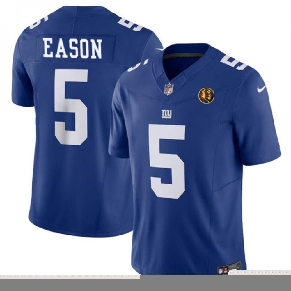 Men's New York Giants #5 Jacob Eason Blue 2023 F.U.S.E. With John Madden Patch Vapor Limited Stitched Football Jersey 