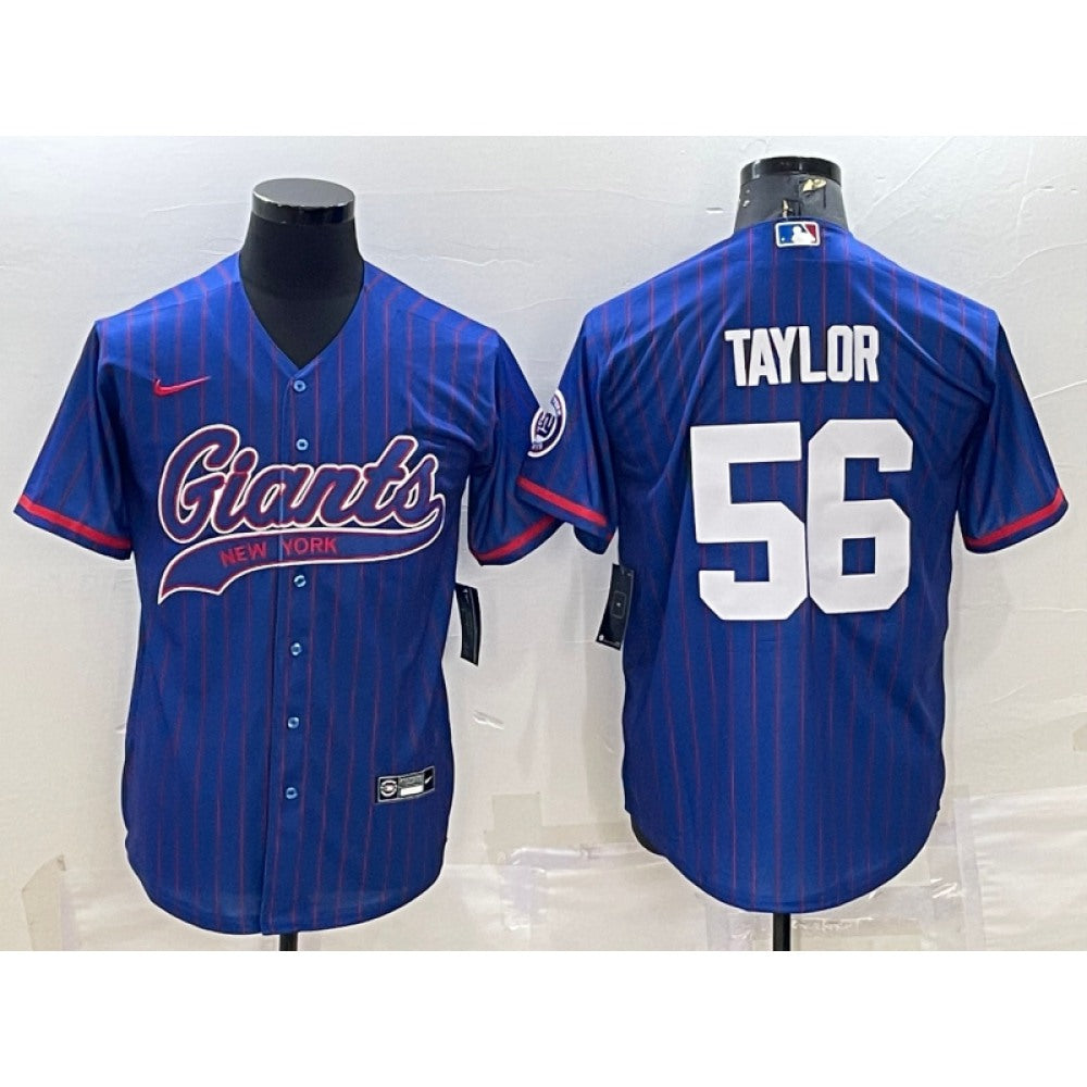 Men's New York Giants #56 Lawrence Taylor Blue With Patch Cool Base Stitched Baseball Jersey 