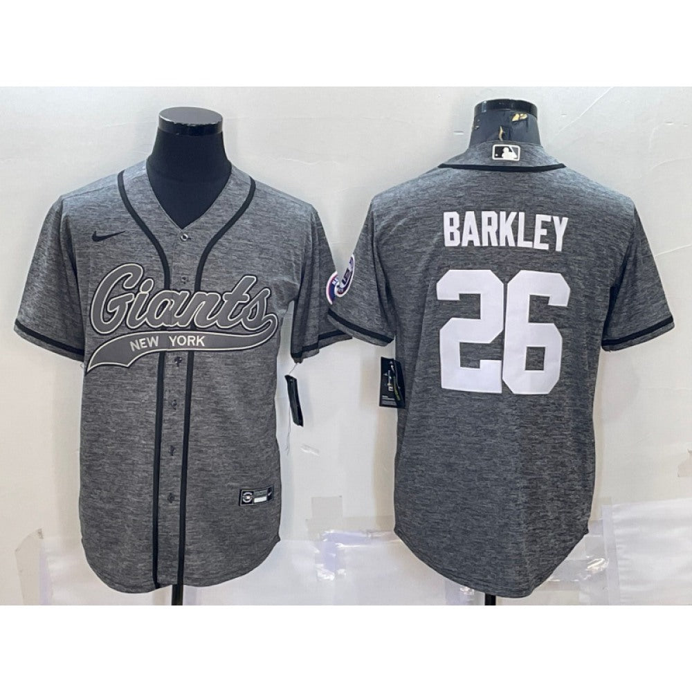 Men's New York Giants #26 Saquon Barkley Grey With Patch Cool Base Stitched Baseball Jersey 
