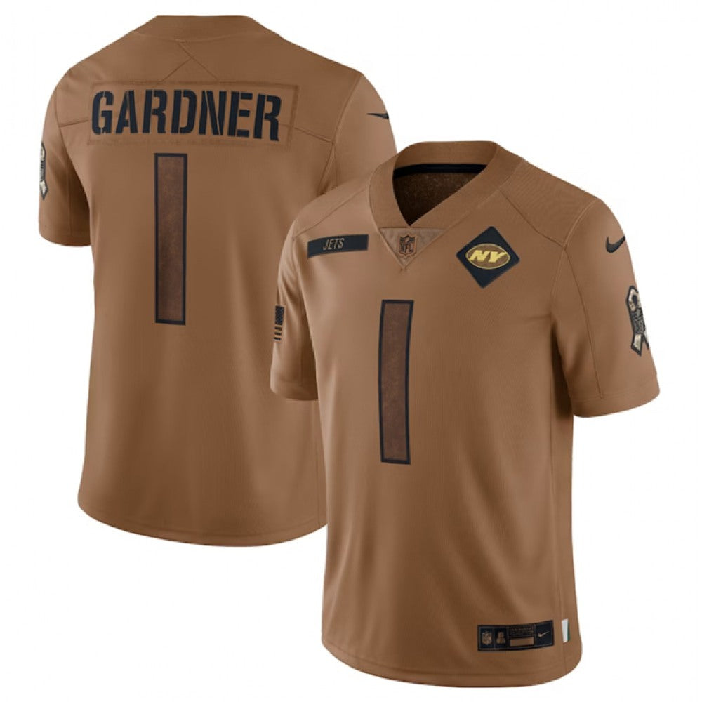 Men's New York Jets #1 Sauce Gardner 2023 Brown Salute To Service Limited Stitched Football Jersey 