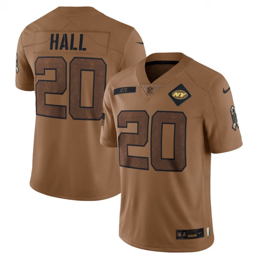 Men's New York Jets #20 Breece Hall 2023 Brown Salute To Service Limited Stitched Football Jersey 