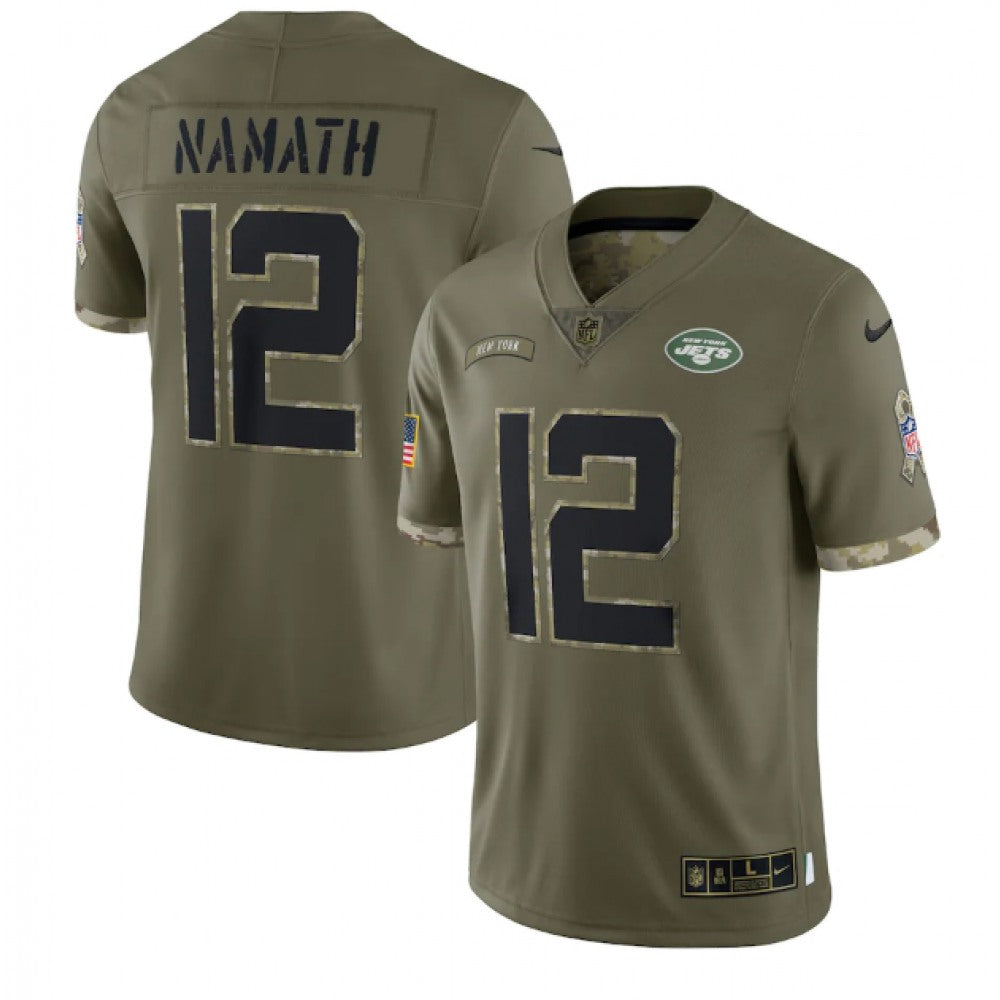 Men's New York Jets #12 Joe Namath Olive 2022 Salute To Service Limited Stitched Jersey 