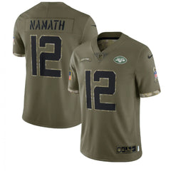 Men's New York Jets #12 Joe Namath Olive 2022 Salute To Service Limited Stitched Jersey 