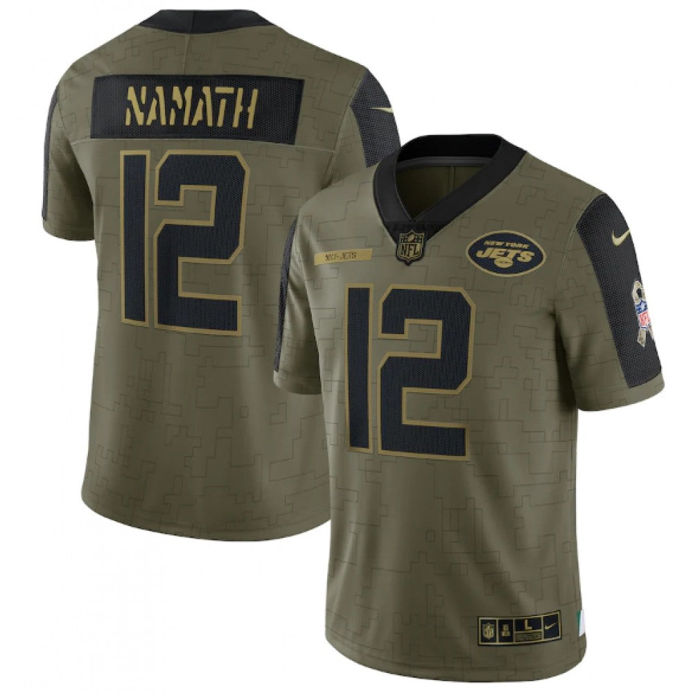 Men's New York Jets #12 Joe Namath 2021 Olive Salute To Service Limited Stitched Jersey 