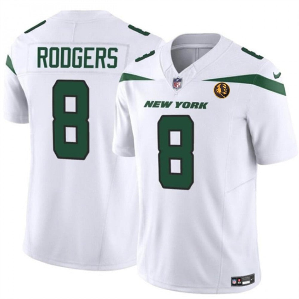 Men's New York Jets #8 Aaron Rodgers White 2023 F.U.S.E. With John Madden Patch Vapor Limited Stitched Football Jersey 