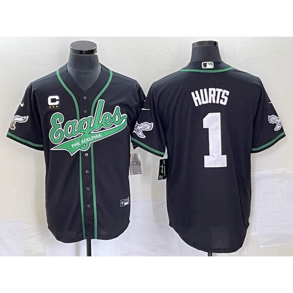Men's Philadelphia Eagles #1 Jalen Hurts Black With 3-star C Patch Cool Base Stitched Baseball Jersey 