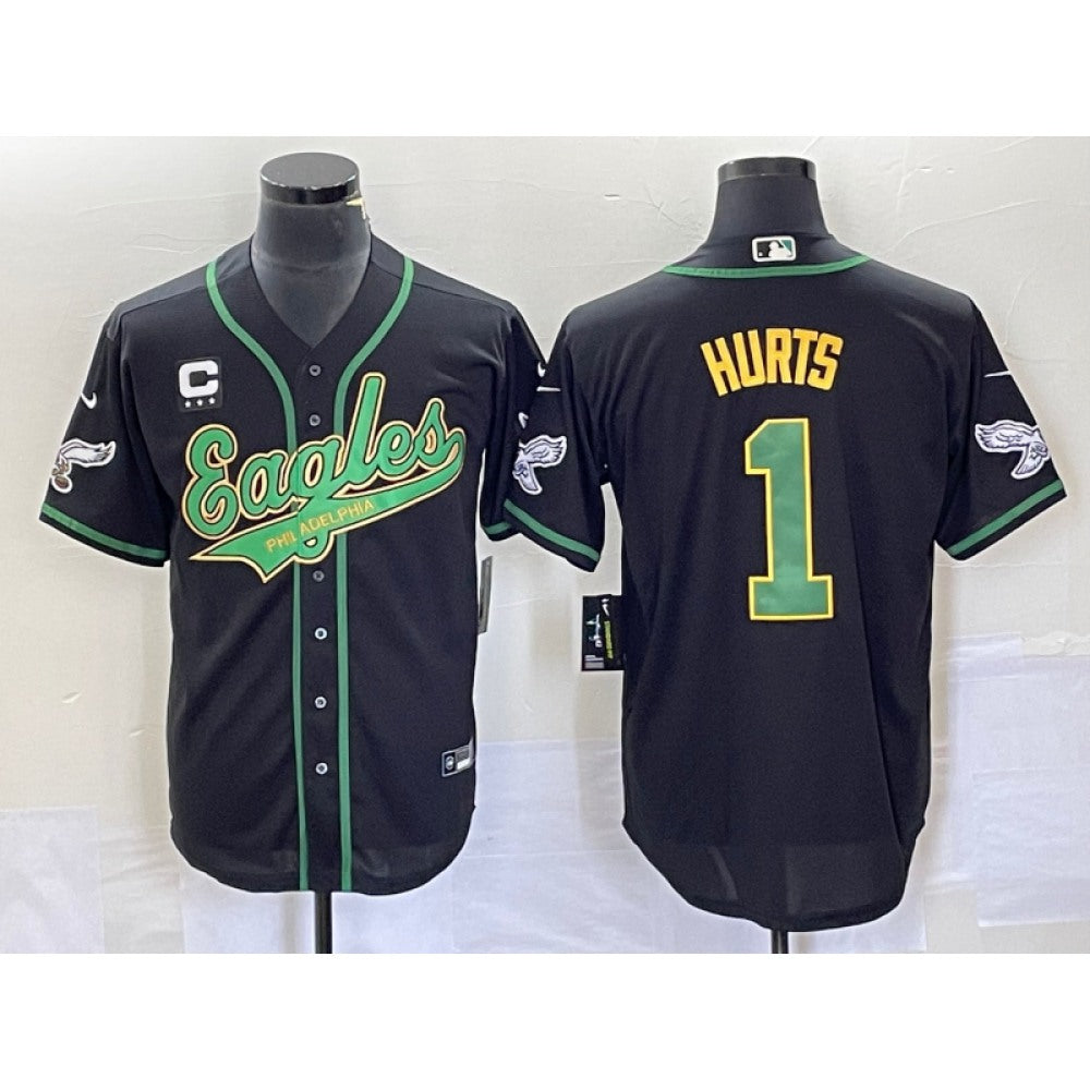 Men's Philadelphia Eagles #1 Jalen Hurts Black Gold With 3-star C Patch Cool Base Stitched Baseball Jersey 