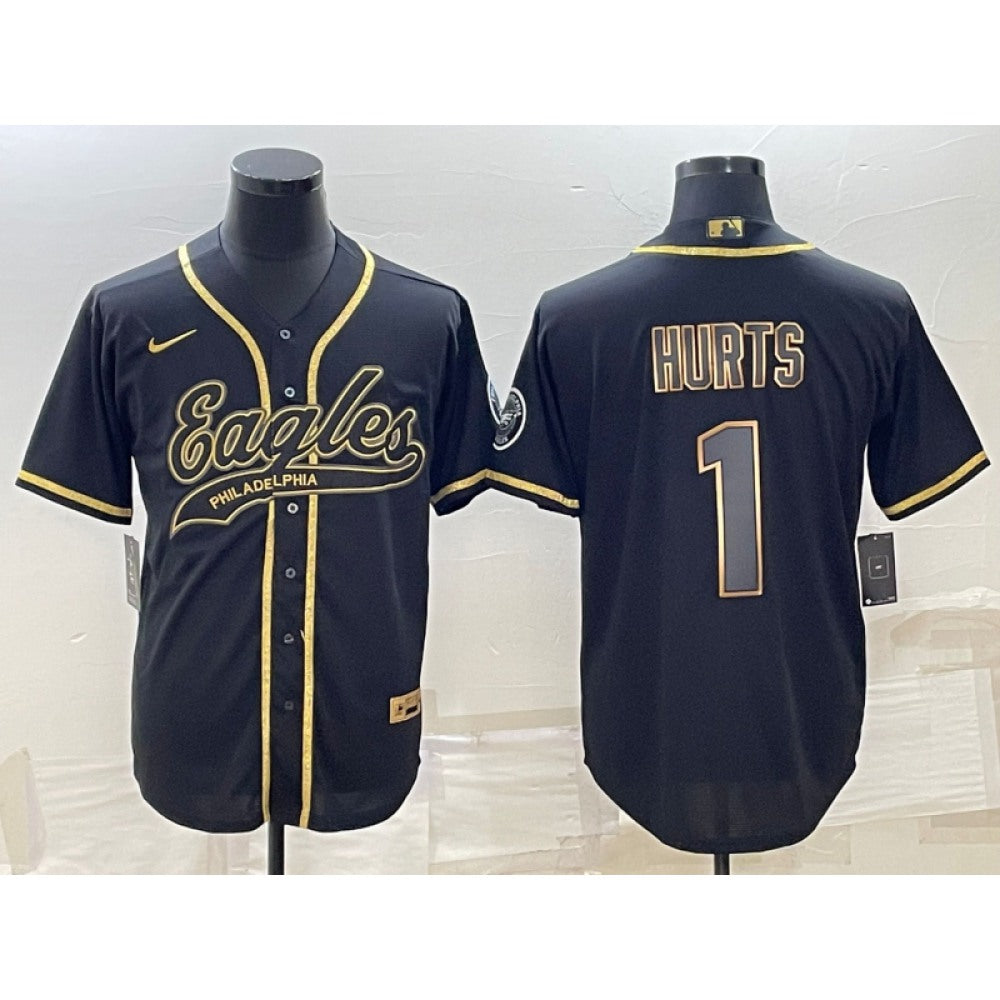 Men's Philadelphia Eagles #1 Jalen Hurts Black Gold With Patch Cool Base Stitched Baseball Jersey 