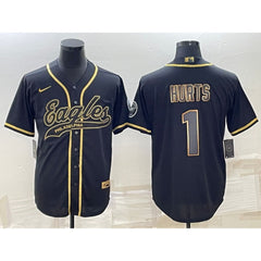 Men's Philadelphia Eagles #1 Jalen Hurts Black Gold With Patch Cool Base Stitched Baseball Jersey 