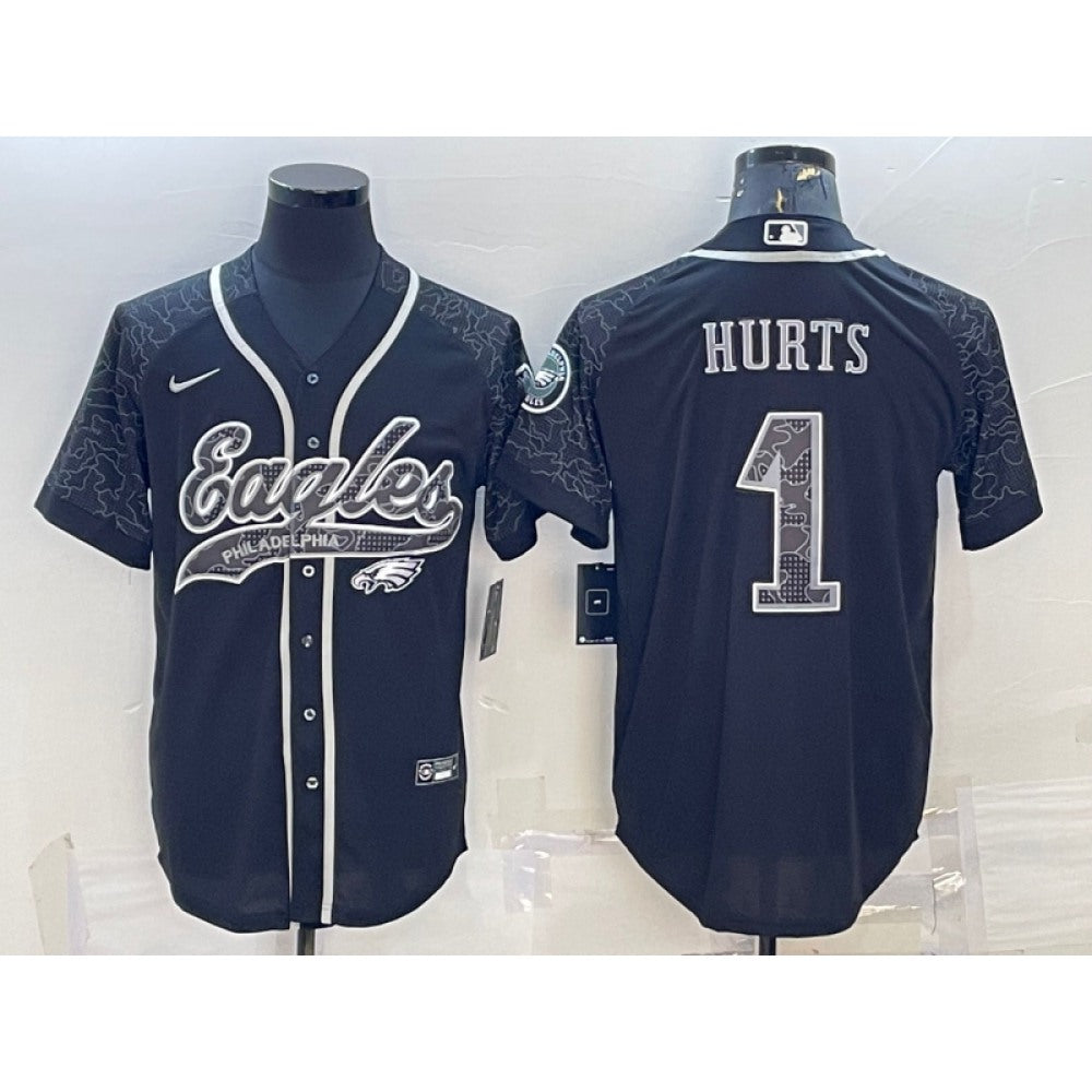 Men's Philadelphia Eagles #1 Jalen Hurts Black Reflective With Patch Cool Base Stitched Baseball Jersey 