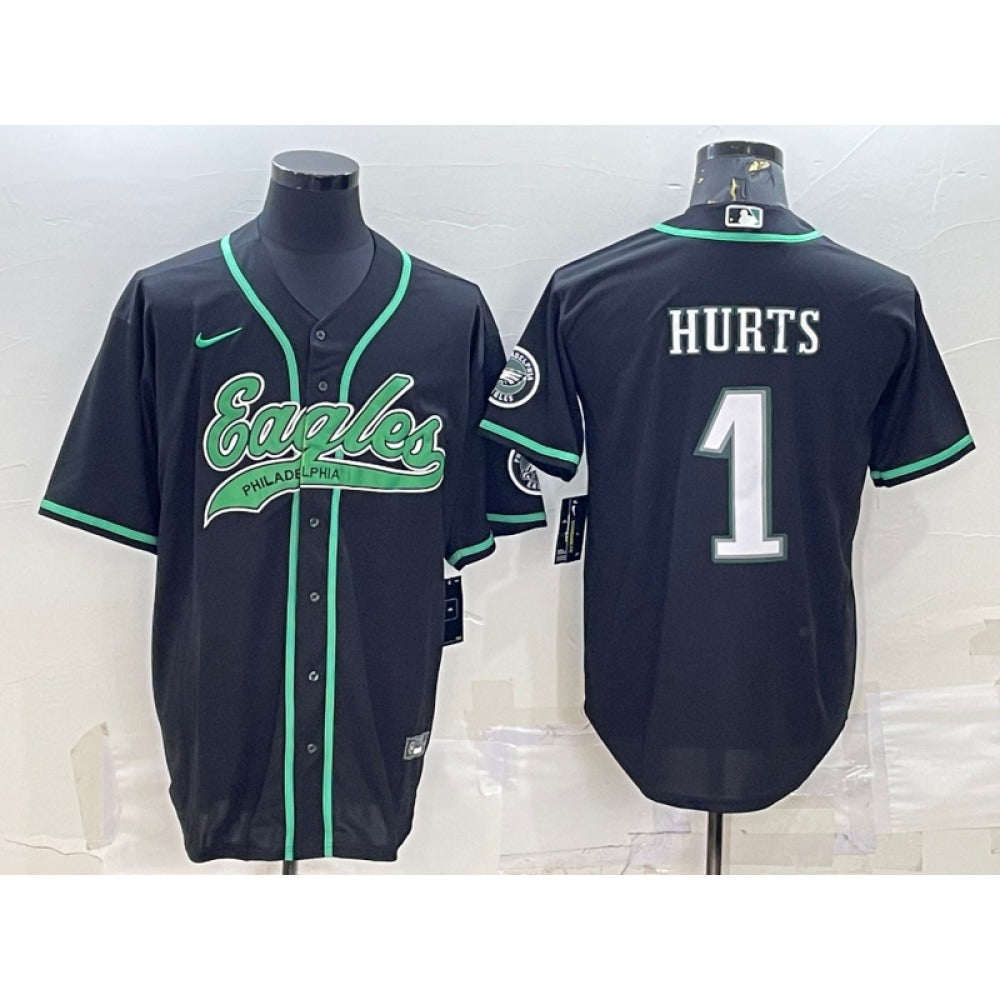 Men's Philadelphia Eagles #1 Jalen Hurts Black With Patch Cool Base Stitched Baseball Jersey 
