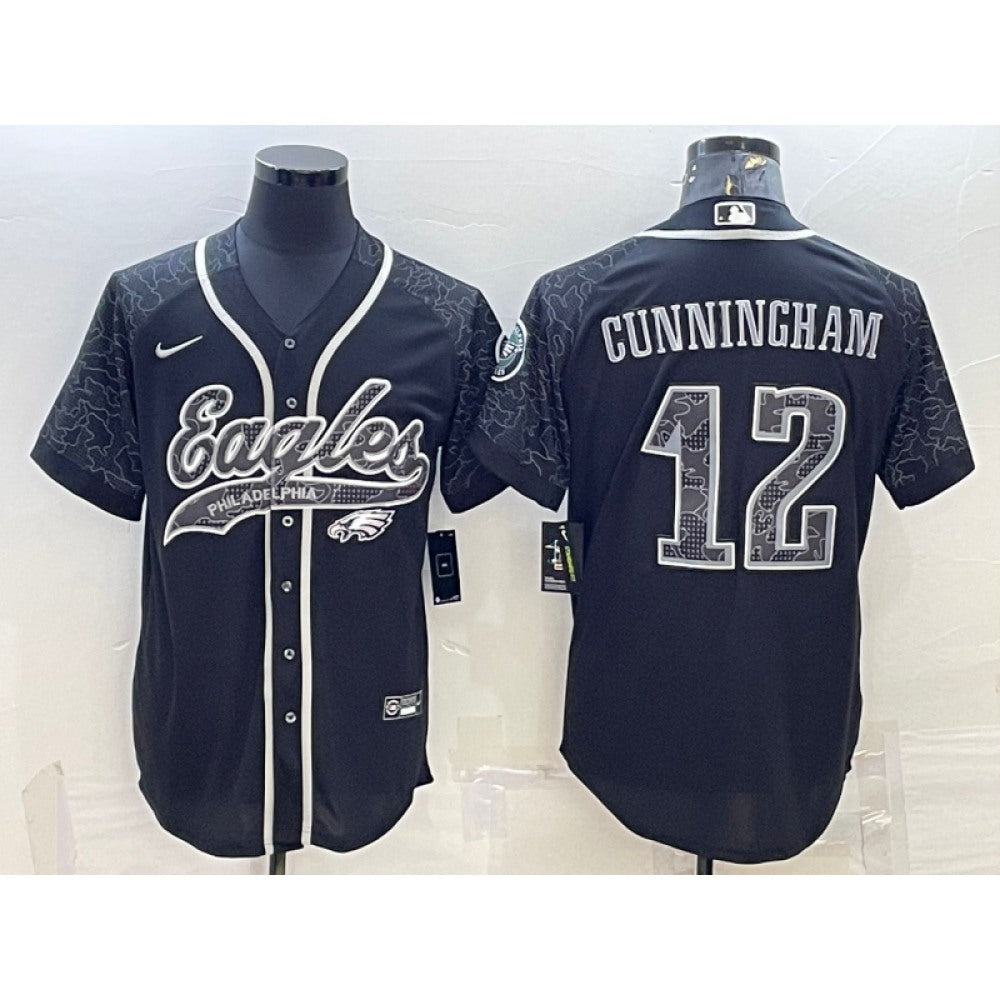Men's Philadelphia Eagles #12 Randall Cunningham Black Reflective With Patch Cool Base Stitched Baseball Jersey 