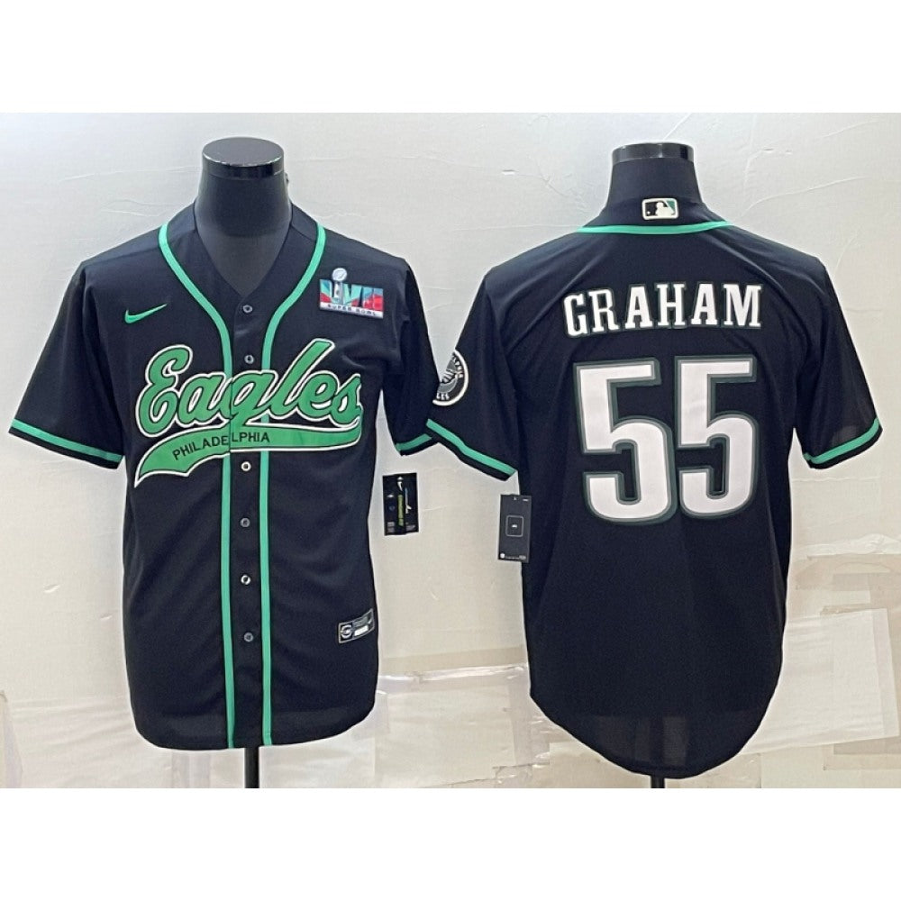 Men's Philadelphia Eagles #55 Brandon Graham Black With Super Bowl LVII Patch Cool Base Stitched Baseball Jersey 