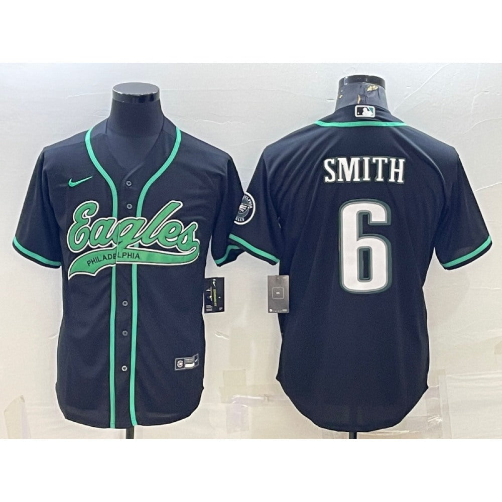 Men's Philadelphia Eagles #6 DeVonta Smith Black With Patch Cool Base Stitched Baseball Jersey 