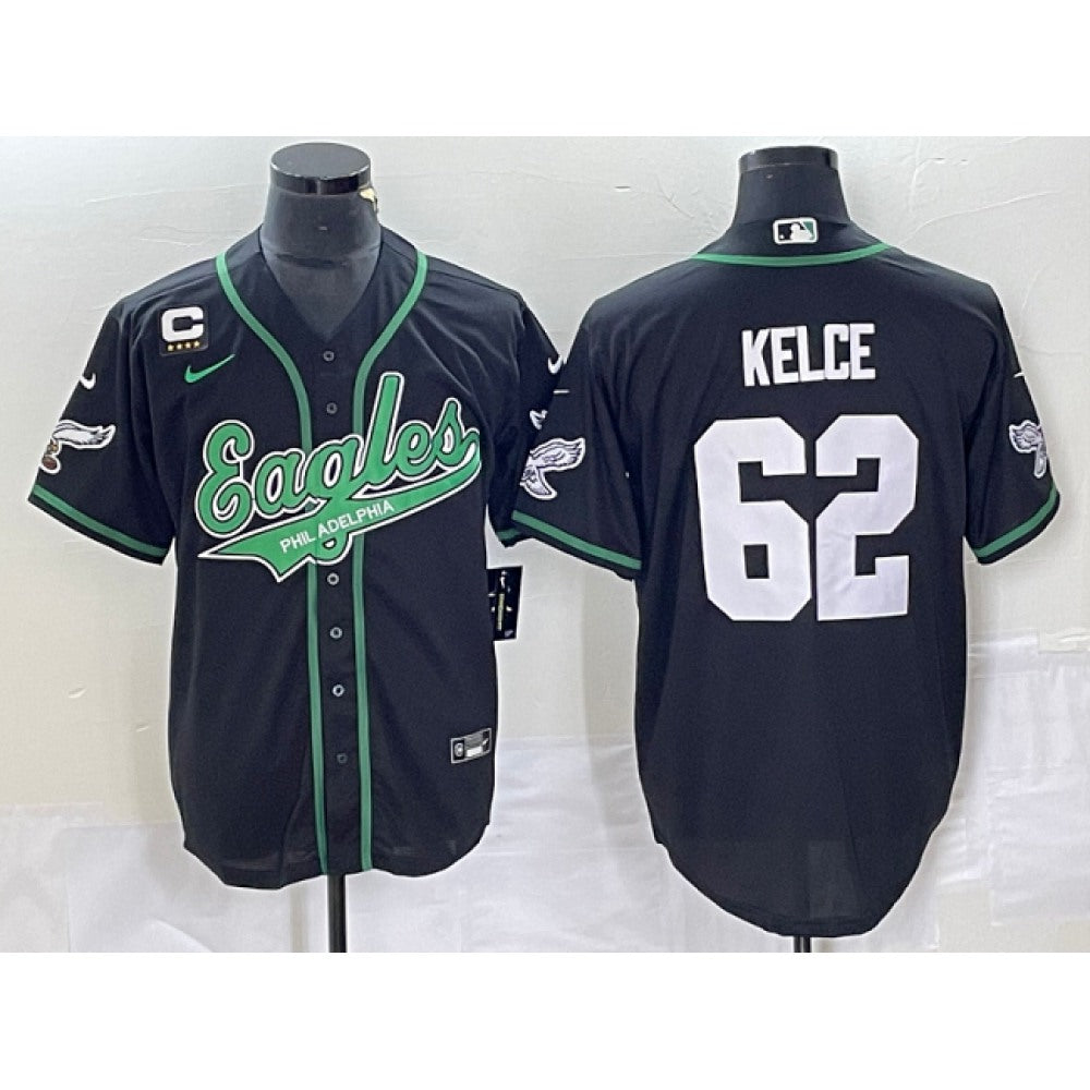 Men's Philadelphia Eagles #62 Jason Kelce Black With 4-star C Patch Cool Base Stitched Baseball Jersey 