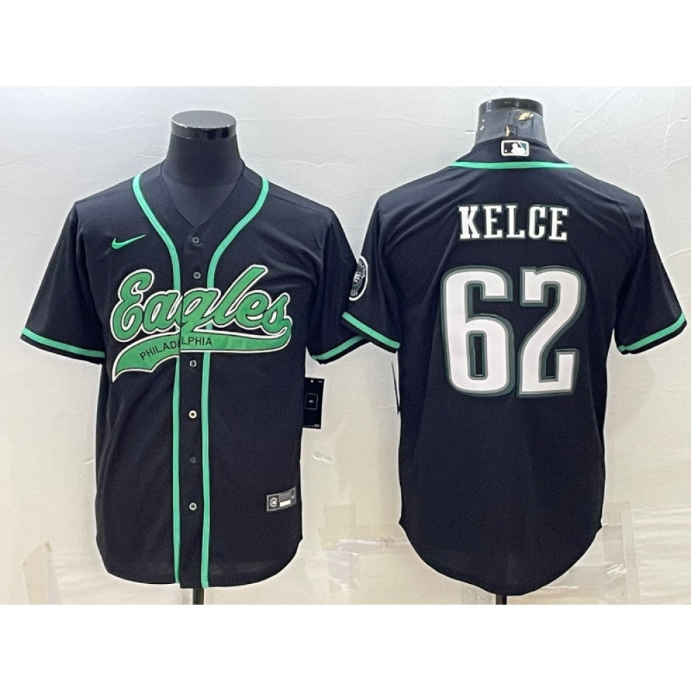 Men's Philadelphia Eagles #62 Jason Kelce Black With Patch Cool Base Stitched Baseball Jersey 