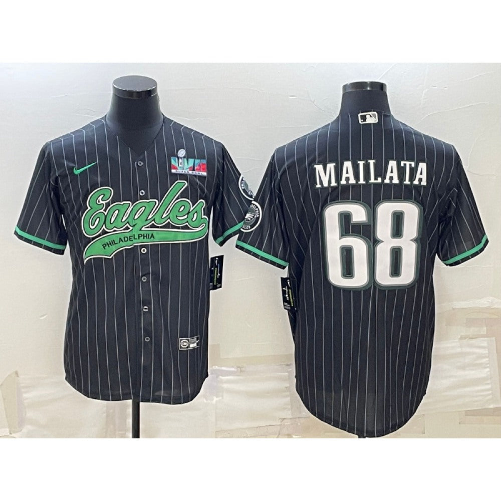 Men's Philadelphia Eagles #68 Jordan Mailata Black With Super Bowl LVII Patch Cool Base Stitched Baseball Jersey 