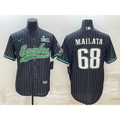 Men's Philadelphia Eagles #68 Jordan Mailata Black With Super Bowl LVII Patch Cool Base Stitched Baseball Jersey 