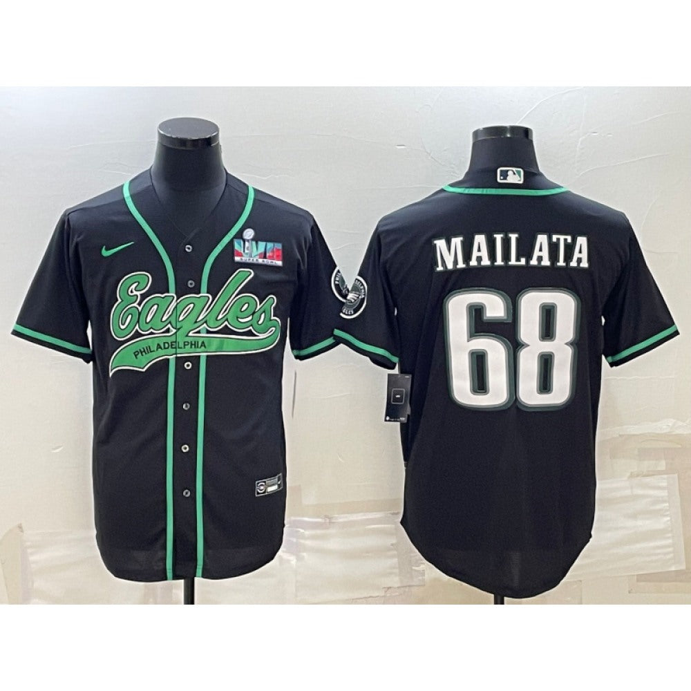 Men's Philadelphia Eagles #68 Jordan Mailata Black With Super Bowl LVII Patch Cool Base Stitched Baseball Jersey 