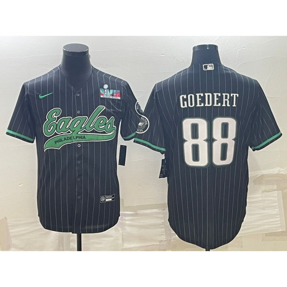 Men's Philadelphia Eagles #88 Dallas Goedert Black With Super Bowl LVII Patch Cool Base Stitched Baseball Jersey 
