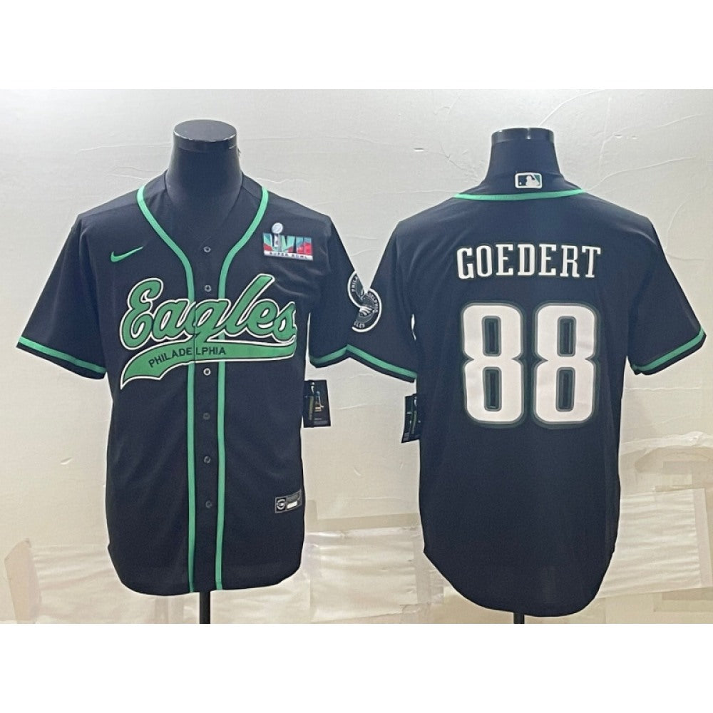Men's Philadelphia Eagles #88 Dallas Goedert Black With Super Bowl LVII Patch Cool Base Stitched Baseball Jersey 