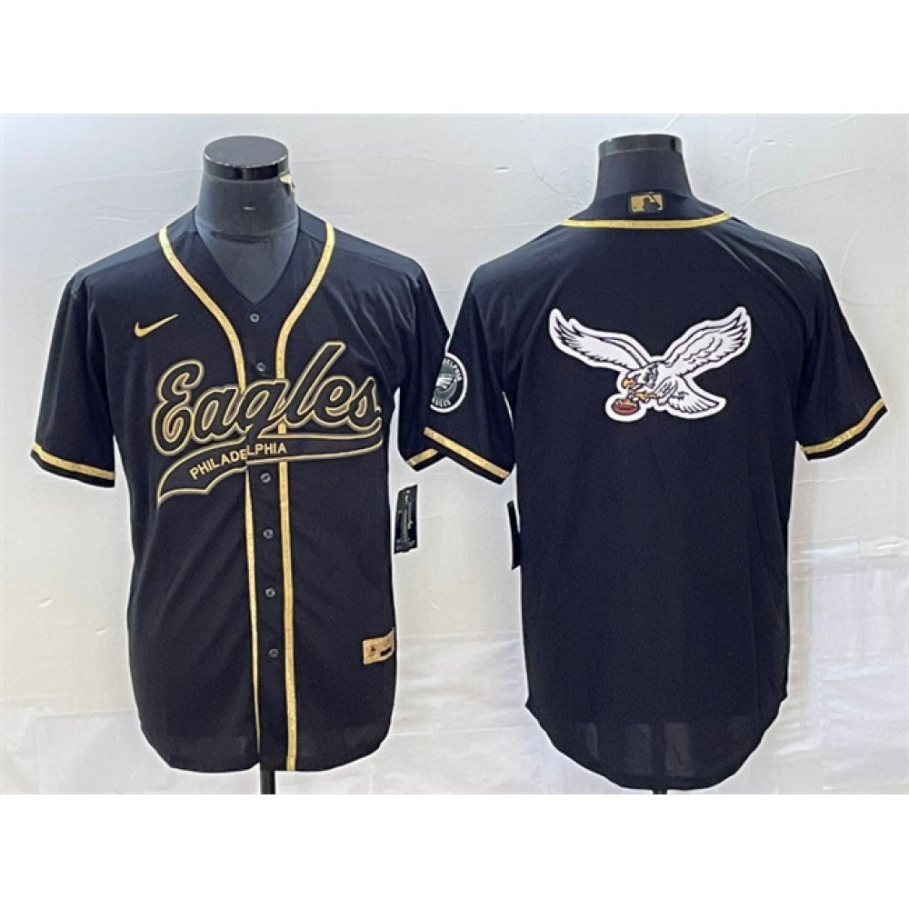 Men's Philadelphia Eagles Black Gold Team Big Logo Cool Base Stitched Baseball Jersey 