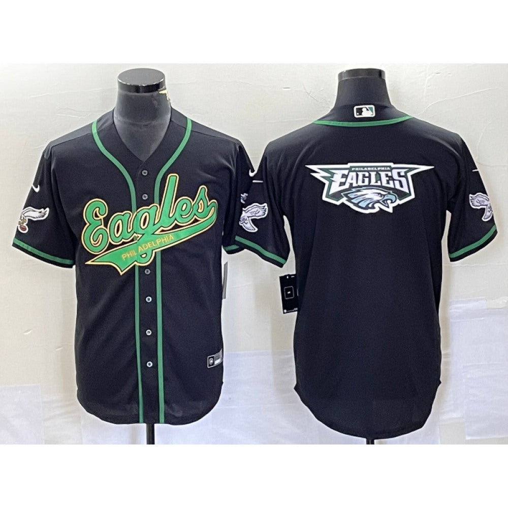 Men's Philadelphia Eagles Black Gold Team Big Logo Cool Base Stitched Baseball Jersey 