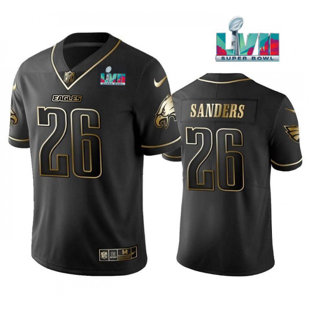 Men's Philadelphia Eagles #26 Miles Sanders Black Golden Super Bowl LVII Patch Edition Stitched Football Jersey 